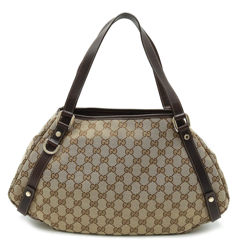 Gucci GG Canvas Tote Bag Shoulder Strap Leather Beige Brown Cream